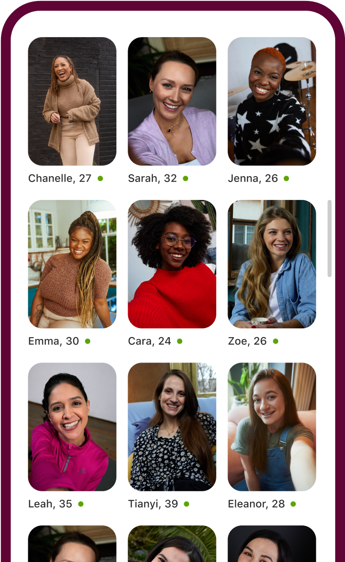 Apl Badoo mempamerkan grid dengan pelbagai profil wanita.